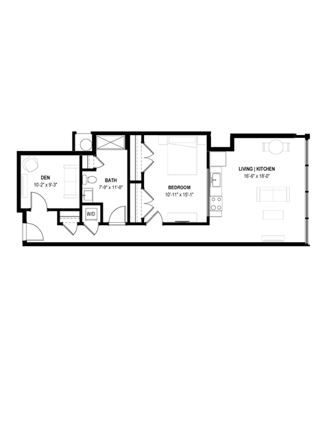 Floor plan for 1 bed, 1 bath, 901 sqft